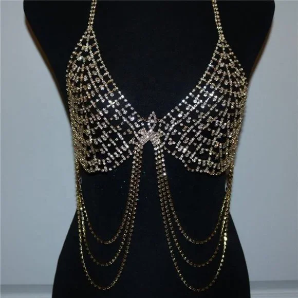 Chest Chain Jewelry Accessories Women Bling Body Chain Mesh Bra Body Jewelry - Picture 9 of 10
